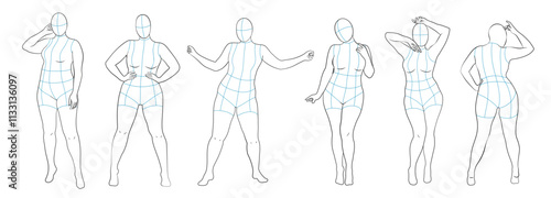 Plus Size Female body mannequin. Figure template for fashion sketch ideas of women's clothing. Fashion design. Luxury outline vector illustration set