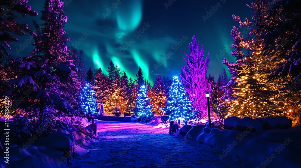 Fototapeta premium christmas tree in the forest and lights decorated with shining lights