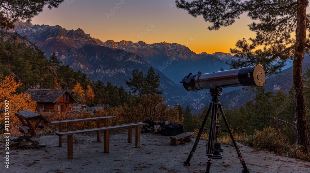 Naklejka premium A telescope set up for stargazing in a scenic mountain landscape at sunset.