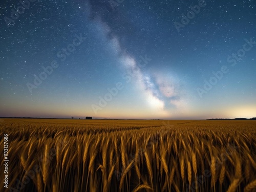 Milky Way galaxy shines brightly over a lush wheat field on a warm summer night, rural, tranquility, wheat field photo