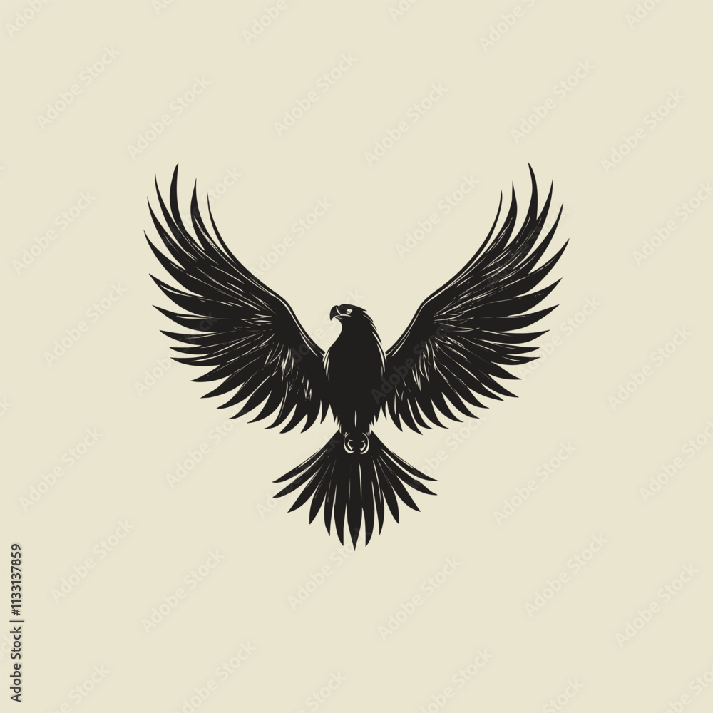 Fototapeta premium Silhouette of a soaring eagle with outstretched wings on a pure white background