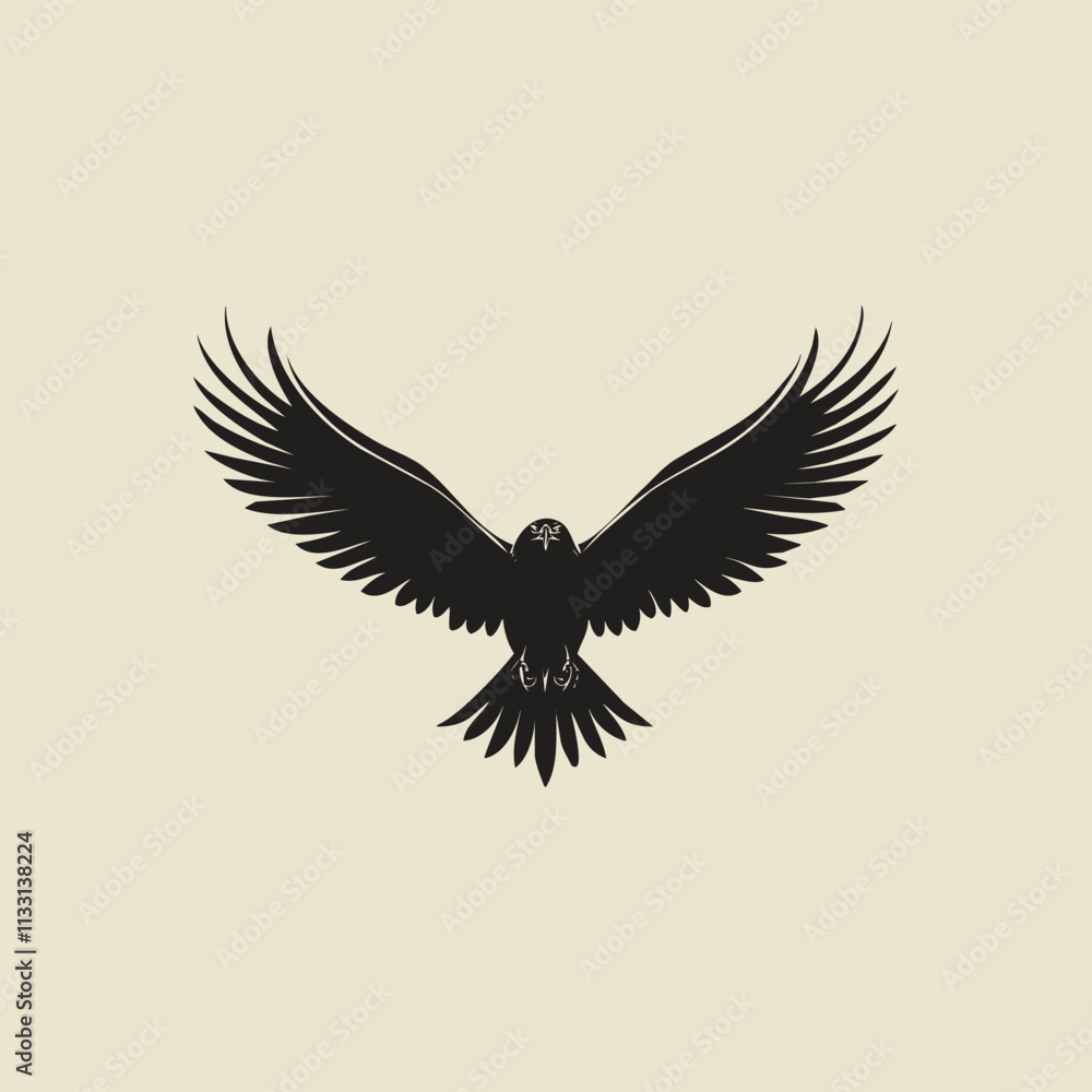 Fototapeta premium Silhouette of a soaring eagle with outstretched wings on a pure white background