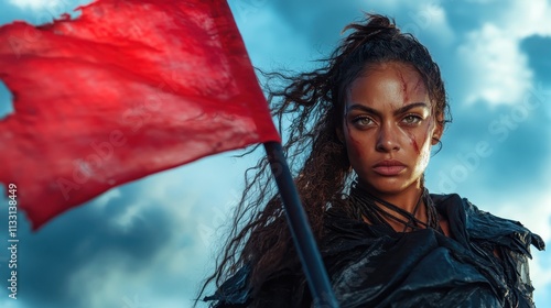 A determined woman with a red flag faces the camera under a dramatic sky, embodying strength and resilience. Her fierce expression and wind-swept hair add intensity. photo