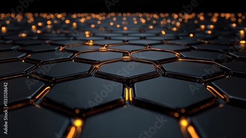 Futuristic power grid system illuminating hexagonal patterns sci-fi setting digital art high-tech environment close-up viewpoint photo