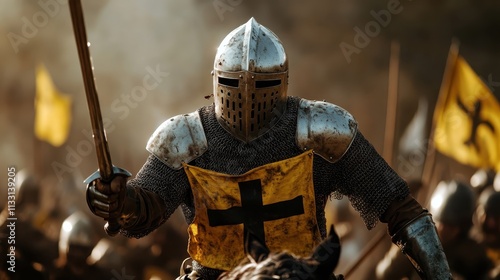 A medieval knight in full armor, wielding a sword, leads a charge into battle. The scene captures the bravery and intensity of knights during historical warfare. photo