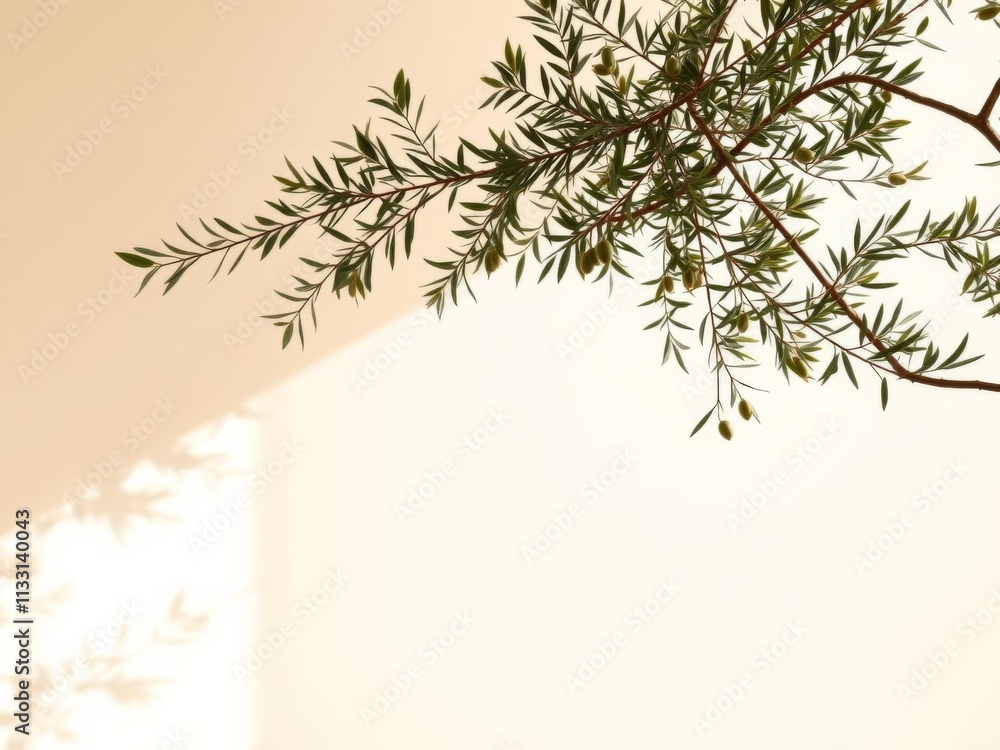 Fototapeta premium Minimalistic olive tree branch casting long shadows on beige wall background with sunlight creating a serene Mediterranean scene, generative AI, olive tree, sunlight