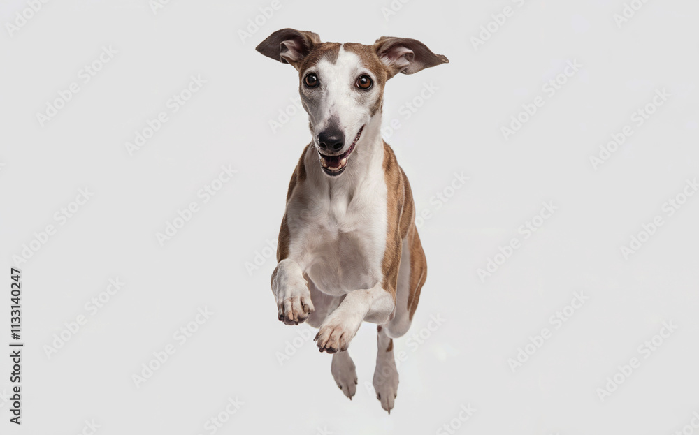 A greyhound dog in mid-air, seemingly in a leaping or jumping motion. The dog has a white coat with brown patches, especially around its face and ears. A greyhound dog in mid-air, seemingly in a leaping or jumping motion. The dog has a white coat with brown patches, especially around its face and ears.