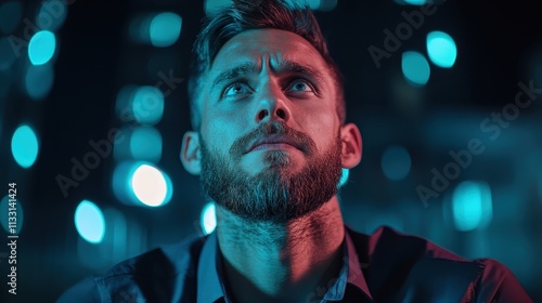 A man with a thick beard gazes thoughtfully upwards, surrounded by city night lights, conveying contemplation and introspection in a deep blue ambiance. photo