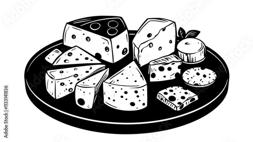 Assortment of cheese types placed symmetrically on a round board, Vectorized Food Art