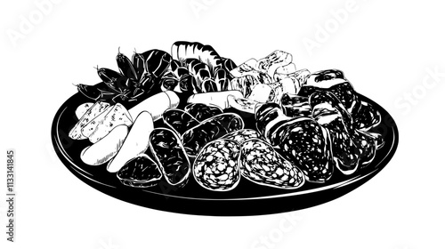 Assortment of cured meats positioned symmetrically on a large dish, Vectorized Food Art
