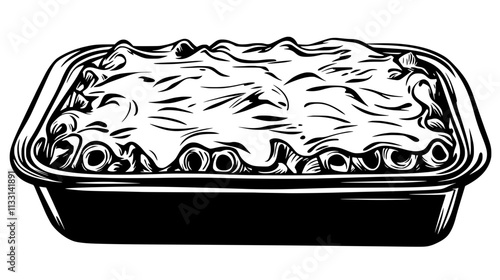 Baked ziti with pasta under a cheese topping, resting on a flat surface, Vectorized Food Art