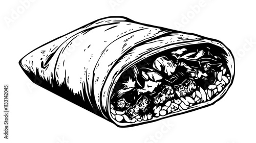 Burrito partially unwrapped, revealing internal layers of meat, rice, and vegetables, Vectorized Food Art