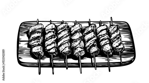 Chicken skewers on a rectangular wooden board, spaced evenly, Vectorized Food Art