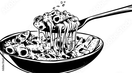 Close-up of a spoonful of mac and cheese lifted from dish, Vectorized Food Art