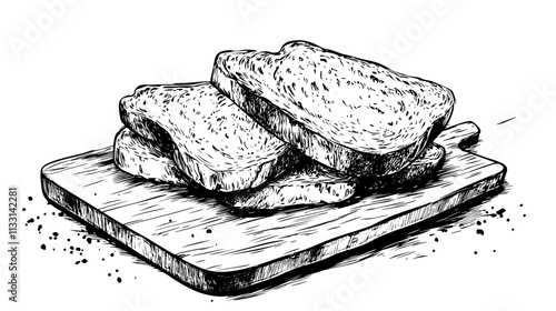 Close-up of ciabatta bread slices stacked on a cutting board with crumbs, Vectorized Food Art