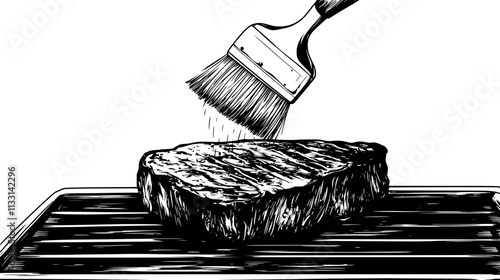 Close-up of filet mignon being basted on a grill with a brush, Vectorized Food Art