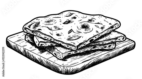 Close-up of focaccia slices stacked on cutting board with crumbs, Vectorized Food Art