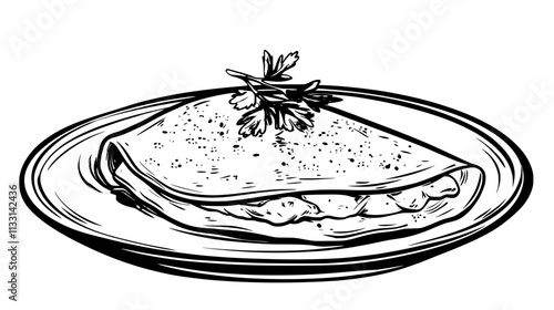 Close-up view of an omelet on a plate, with visible fillings and a garnish bowl, Vectorized Food Art
