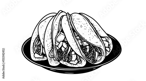 Close-up of tacos with visible fillings, neatly placed inside folded tortillas on a simple plate, Vectorized Food Art