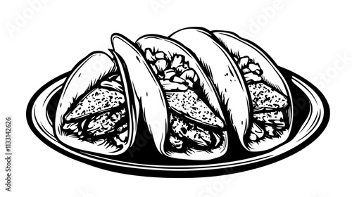 Fish tacos served on a wooden board with scattered toppings, Vectorized Food Art