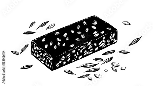 Granola bar with whole grains and seeds near scattered oats, Vectorized Food Art