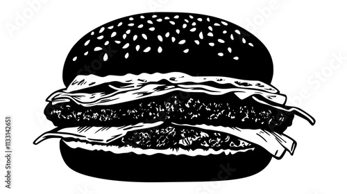 Gourmet burger with multiple fillings, arranged horizontally on a flat surface, Vectorized Food Art