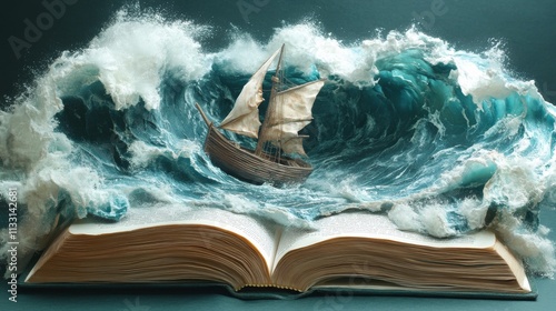 A creative depiction of a wooden ship sailing through large, animated waves that rise from the pages of an open book. This image evokes the power of storytelling and imagination.. AI Generation photo