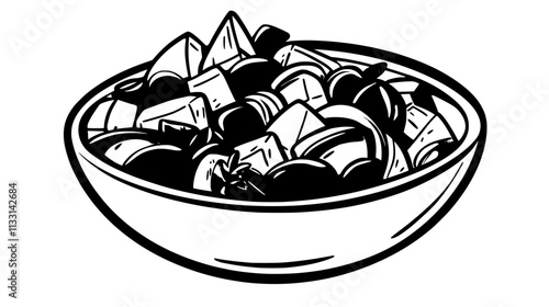 Greek salad in a large bowl with cucumbers, tomatoes, red onions, olives, and feta cheese, Vectorized Food Art