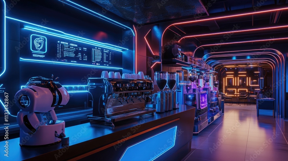 Naklejka premium Neon lit futuristic cafe with robotic baristas and stunning design
