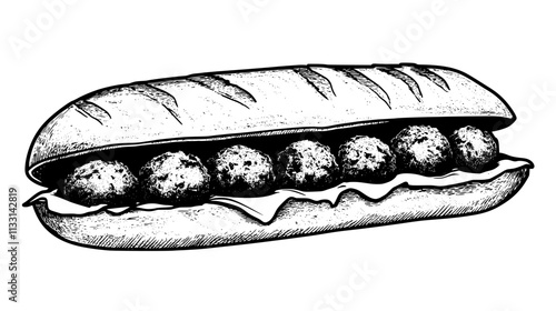 Large meatball sub resting on a surface filled with meatballs, Vectorized Food Art