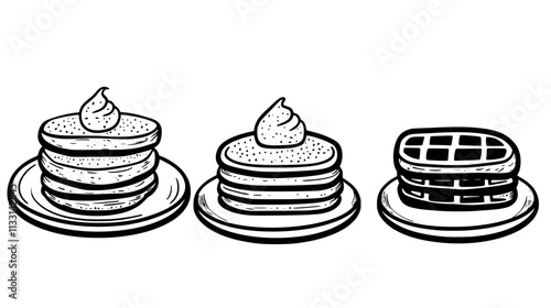 Meal presentation with pancakes and waffles on separate plates, Vectorized Food Art