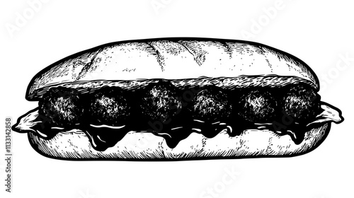 Meatball sub cut in half showing meatballs covered in sauce, Vectorized Food Art