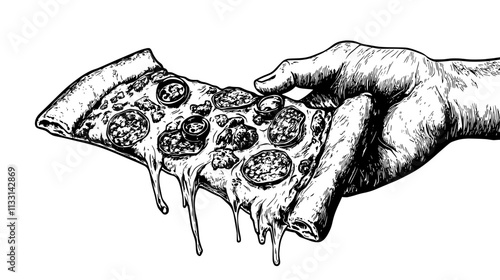 Meat lovers pizza slice being held up to show the crust and meat toppings, Vectorized Food Art