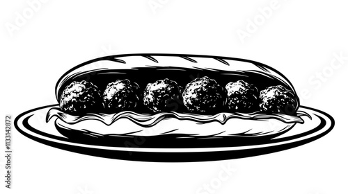 Meatball sub sandwich on a plate with meatballs and sauce, Vectorized Food Art