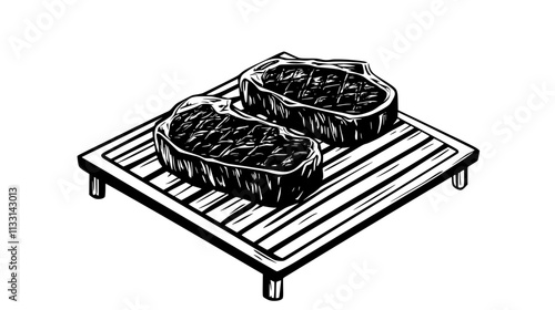 Pair of steaks side by side on a metal grill with char marks, Vectorized Food Art