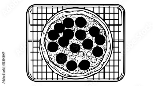 Pepperoni pizza cooling on a wire rack with evenly distributed toppings, Vectorized Food Art