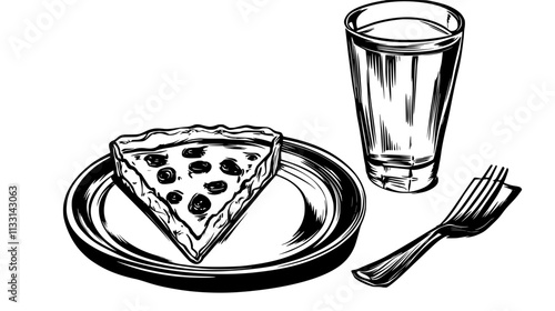 Plate with quiche slice, glass of water, and napkin on the side, Vectorized Food Art