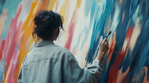 An artist paints a vibrant mural, her brush creating a symphony of colors on the wall. photo