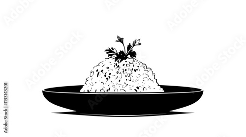 Portion of risotto arranged in a mound, with herb garnish on a simple plate, Vectorized Food Art
