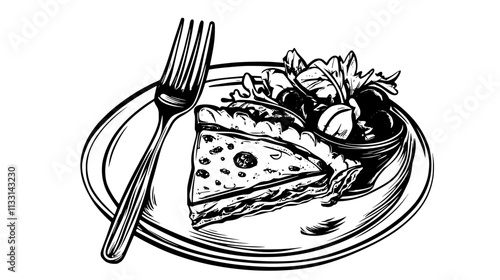 Plate with quiche slice, small salad bowl, and fork on the side, Vectorized Food Art