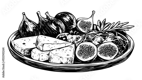 Prosciutto slices presented alongside cheese wedges and figs on a platter, Vectorized Food Art