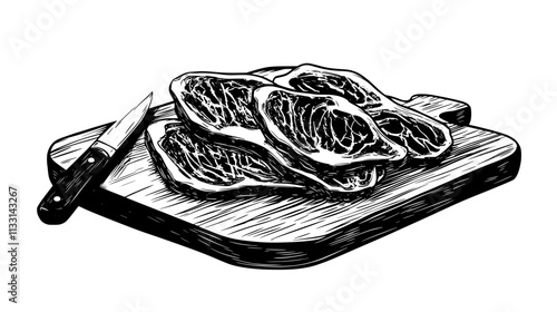 Prosciutto slices resting on a wooden board next to a knife, Vectorized Food Art