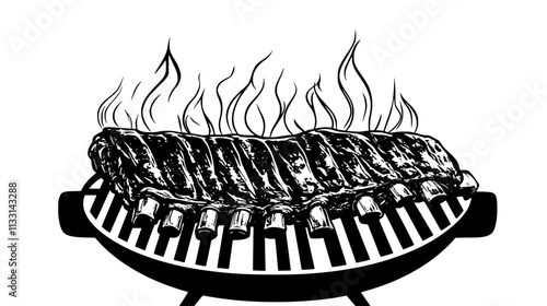 Rack of ribs cooking on a grill with smoke and flames underneath, Vectorized Food Art