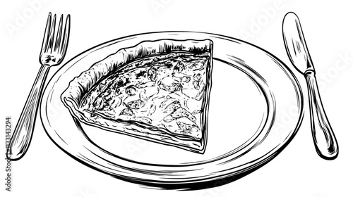 Quiche slice on a plate with a small bowl of garnish beside it, Vectorized Food Art