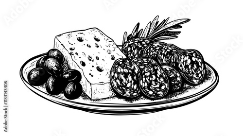 Salami slices displayed on a plate with olives and cheese, Vectorized Food Art