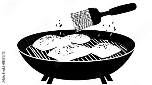 Salmon fillet being basted on a grill over coals, Vectorized Food Art