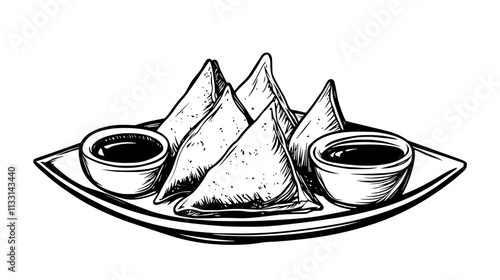 Samosas arranged on a platter with dipping sauces and garnish, Vectorized Food Art