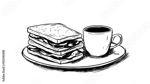 Several club sandwiches stacked on a round white plate beside a cup of coffee, Vectorized Food Art