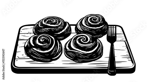 Several danishes on a wooden cutting board with a fork, Vectorized Food Art