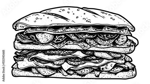 Several meat lovers pizza slices stacked, showing different layers of meats, Vectorized Food Art
